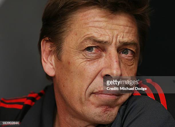 New Bombers coach Mark Thompson looks ahead during an Essendon Bombers AFL press conference at Windy Hill on October 10, 2013 in Melbourne, Australia.