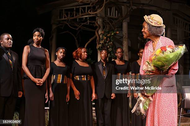 Cicely Tyson surrounded by her students attend the "The Trip To Bountiful" Final Performance Celebration at Stephen Sondheim Theatre on October 9,...