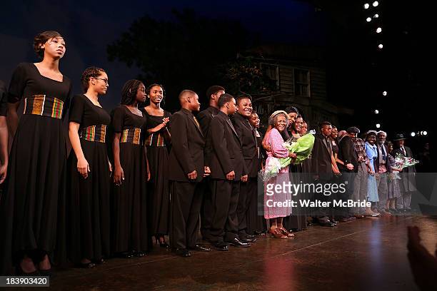 Cicely Tyson surrounded by her students and cast attend the "The Trip To Bountiful" Final Performance Celebration at Stephen Sondheim Theatre on...