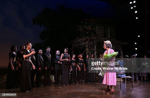 Cicely Tyson serenaded by her students and cast attend the "The Trip To Bountiful" Final Performance Celebration at Stephen Sondheim Theatre on...