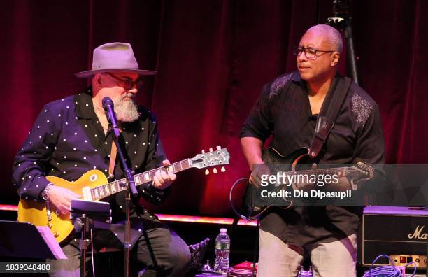 Jimmy Vivino and Bernie Williams perform onstage during the Artist For Action Concert Benefit for Sandy Hook Promise at NYU Skirball Center on...
