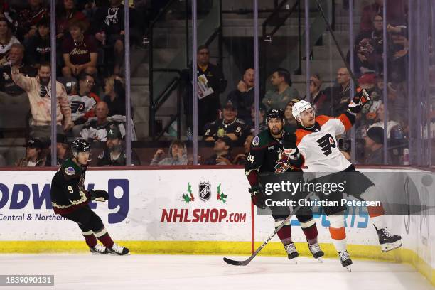 Travis Konecny of the Philadelphia Flyers celebrates after scoring a short-handed goal against the Arizona Coyotes during the second period of the...