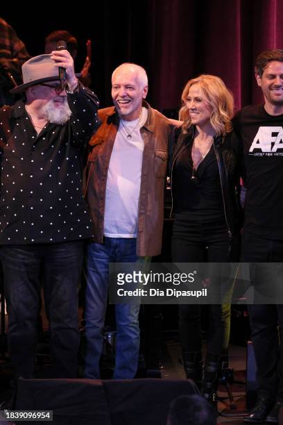 Jimmy Vivino, Peter Frampton and Sheryl Crow speak onstage during the Artist For Action Concert Benefit for Sandy Hook Promise at NYU Skirball Center...