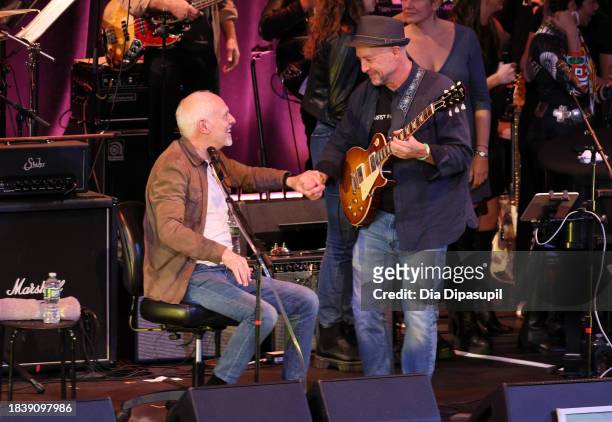 Peter Frampton and Mark Barden perform onstage during the Artist For Action Concert Benefit for Sandy Hook Promise at NYU Skirball Center on December...