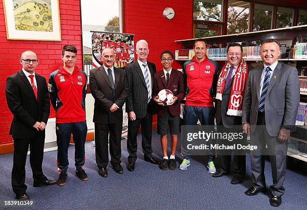 Heart FC CEO Scott Munn footballer Jeremy Walker, John Faulkner College principal Gus Napoli, Minister For Education the Hon. Martin Dixon, student...