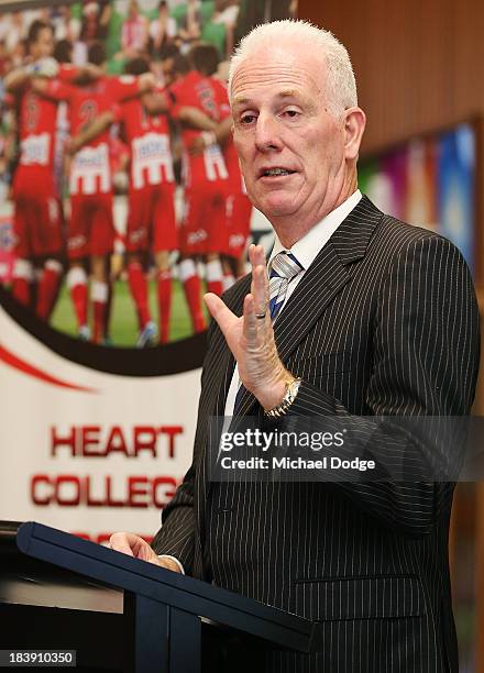 Minister For Education the Hon. Martin Dixon speaks at the launch of the Heart College Of Football program during a Melbourne Heart A-League media...