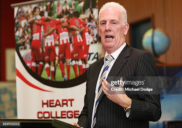 Minister For Education the Hon. Martin Dixon speaks at the launch of the Heart College Of Football program during a Melbourne Heart A-League media...