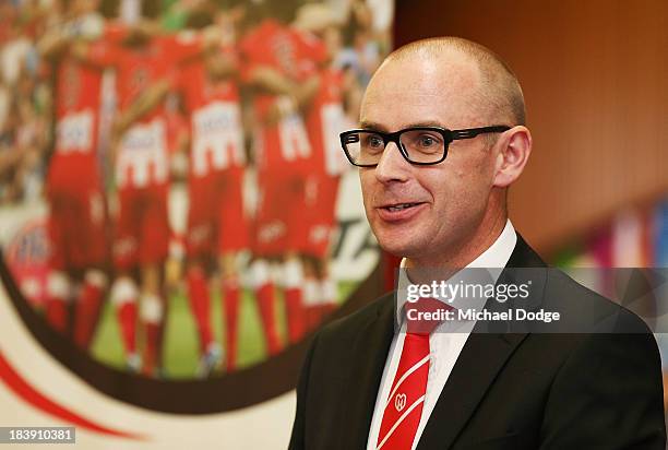 Heart FC CEO Scott Munn speaks at the launch of the Heart College Of Football program during a Melbourne Heart A-League media announcement on October...