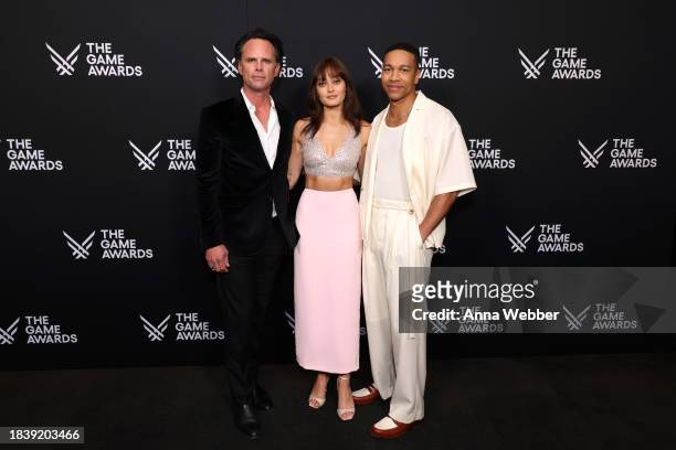 Actors Walton Goggins, Ella Purnell, and Aaron Moten attend "Fallout" Cast and Creator at The Game Awards at Peacock Theater on December 07, 2023 in...