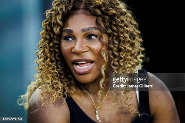 Serena Williams looks on during a match between the United States and China PR at DRV PNK Stadium on December 02, 2023 in Fort Lauderdale, Florida.