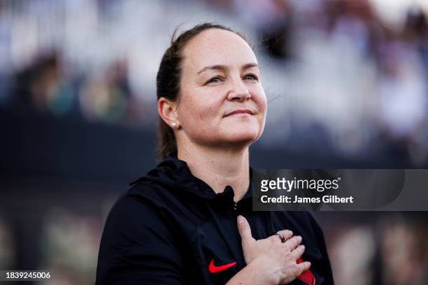 United States interim head coach Twila Kilgore looks on before the start of a match against China PR at DRV PNK Stadium on December 02, 2023 in Fort...