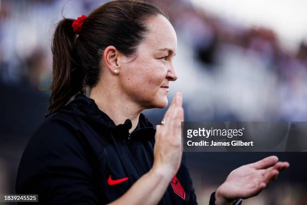 United States interim head coach Twila Kilgore looks on before the start of a match against China PR at DRV PNK Stadium on December 02, 2023 in Fort...
