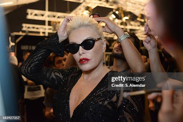 The singer Ajda Pekkan is seen backstage at the Raisa-Vanessa Sason show during Mercedes-Benz Fashion Week Istanbul s/s 2014 Presented By American...