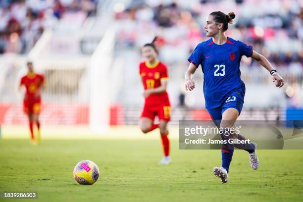 Emily Fox of the United States dribbles the ball during the second half of a match against China PR at DRV PNK Stadium on December 02, 2023 in Fort...