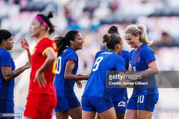 Lindsey Horan of the United States celebrates with teammates after scoring a goal during the second half of a match against China PR at DRV PNK...