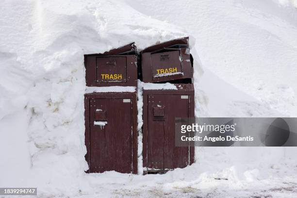 garbage bins crushed by snow - crushed tin stock pictures, royalty-free photos & images