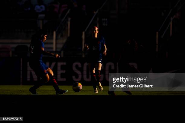 Mia Fishel of the United States passes the ball during the second half of a match against China PR at DRV PNK Stadium on December 02, 2023 in Fort...