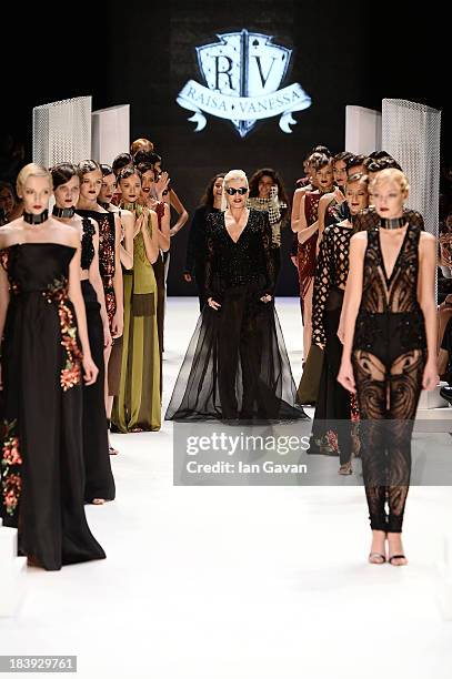 Fashion designers Raisa Sason , Vanessa Sason and actress Ajda Pekkan walk the runway at the Raisa-Vanessa Sason show during Mercedes-Benz Fashion...