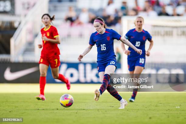 Rose Lavelle of the United States passes the ball during the second half of a match against China PR at DRV PNK Stadium on December 02, 2023 in Fort...
