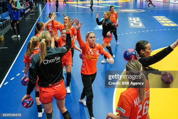 Players of The Netherlands during warmup during the 26th IHF Women's World Championship Handball Preliminary Round Group H match between Netherlands...