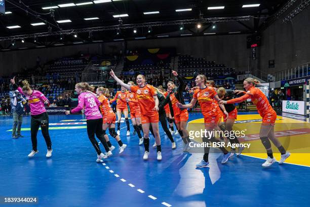Players of The Netherlands celebrate the win during the 26th IHF Women's World Championship Handball Preliminary Round Group H match between...