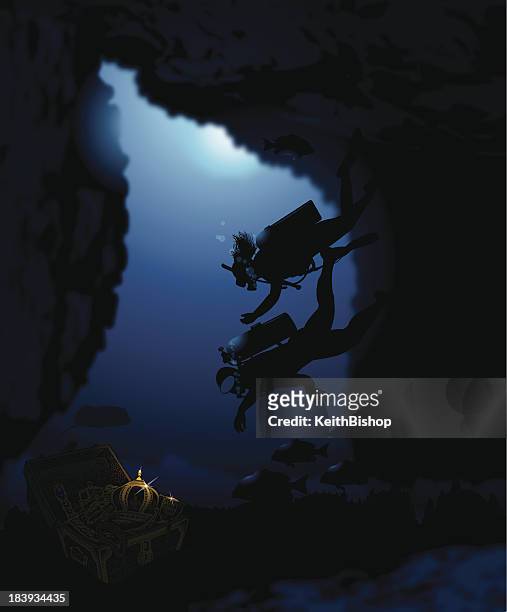 scuba diver couple with sunken pitate treasure - scuba diving vector stock illustrations