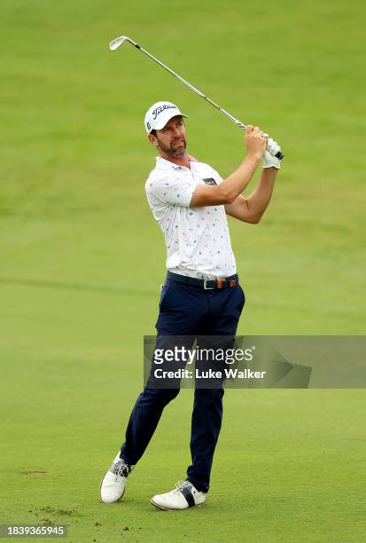 Scott Jamieson of Scotland plays his second shot on the 14th hole on Day Two of the Alfred Dunhill Championship at Leopard Creek Country Club on...