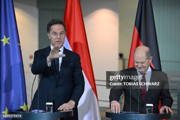 German Chancellor Olaf Scholz and Dutch Prime Minister Mark Rutte deliver a joint press conference following talks at the Chancellery in Berlin on...