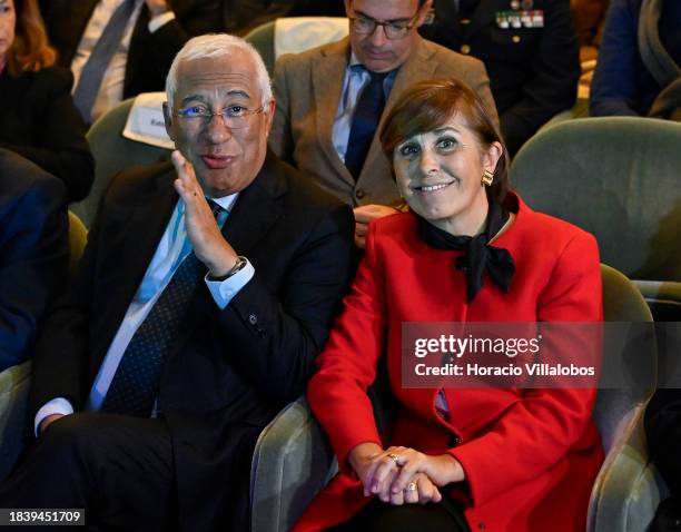 Portuguese Prime Minister Antonio Costa and his wife Fernanda Maria Gonçalves Tadeu smile while sitting in front row during the presentation of the...