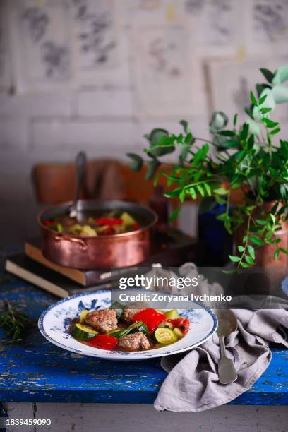 vegetable ratatouille soup with meatballs - ratatouille stock pictures, royalty-free photos & images