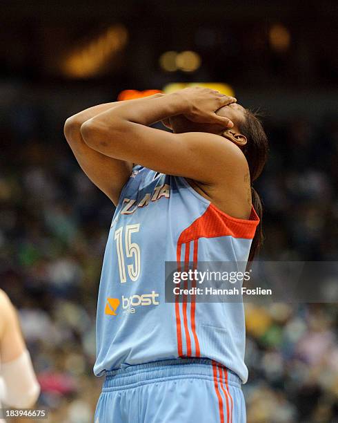 Tiffany Hayes of the Atlanta Dream reacts during Game One of the 2013 WNBA Finals against the Minnesota Lynx on October 6, 2013 at Target Center in...