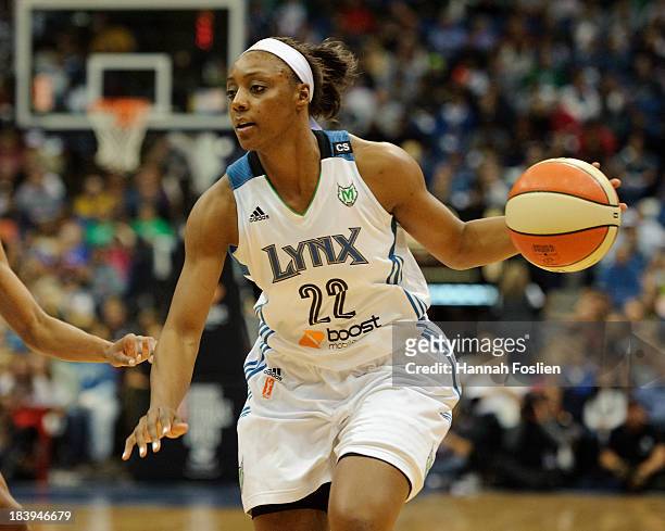 Monica Wright of the Minnesota Lynx dribbles the ball during Game One of the 2013 WNBA Finals against the Atlanta Dream on October 6, 2013 at Target...