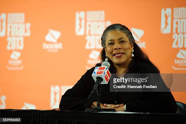 Laurel J. Richie, President of the WNBA speak to the media before Game One of the 2013 WNBA Finals between the Minnesota Lynx and the Atlanta Dream...