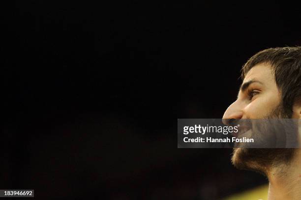 Ricky Rubio of the Minnesota Timberwolves looks on during Game One of the 2013 WNBA Finals between the Minnesota Lynx and the Atlanta Dream on...