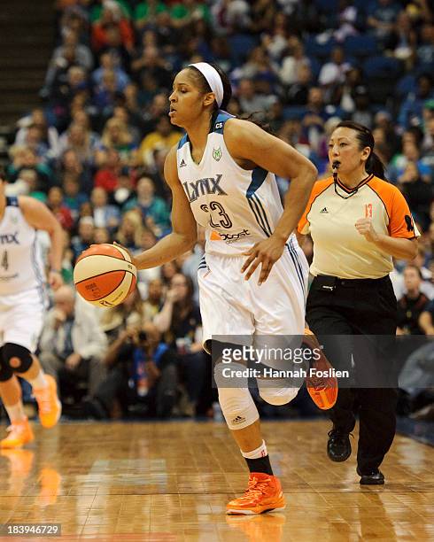 Maya Moore of the Minnesota Lynx dribbles the ball during Game One of the 2013 WNBA Finals against the Atlanta Dream on October 6, 2013 at Target...