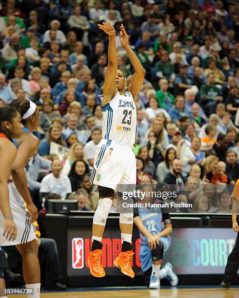 Maya Moore of the Minnesota Lynx shoots the ball during Game One of the 2013 WNBA Finals against the Atlanta Dream on October 6, 2013 at Target...