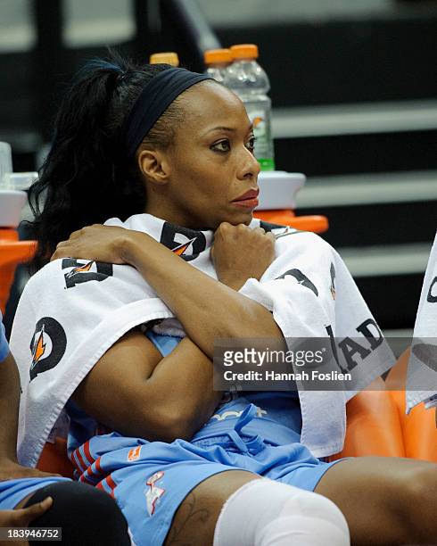 Le'coe Willingham of the Atlanta Dream looks on during Game One of the 2013 WNBA Finals against the Minnesota Lynx on October 6, 2013 at Target...