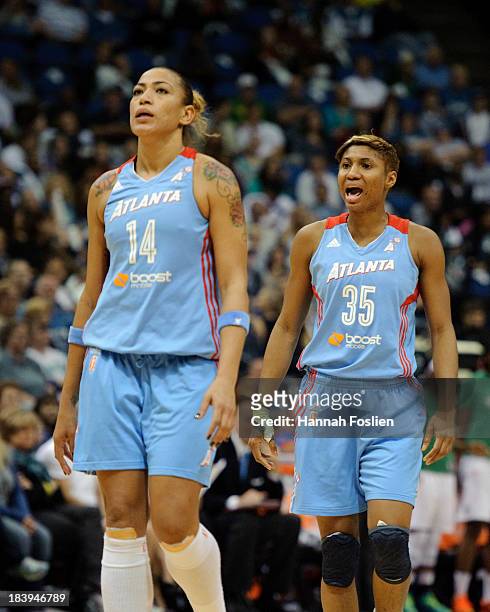 Erika de Souza and Angel McCoughtry of the Atlanta Dream react during Game Two of the 2013 WNBA Finals against the Minnesota Lynx on October 8, 2013...