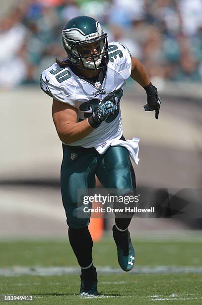 Colt Anderson of the Philadelphia Eagles runs against the San Diego Chargers at Lincoln Financial Field on September 15, 2013 in Philadelphia,...