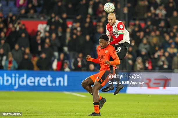 Gernot Trauner of Feyenoord wins the headed ball of Lequincio Zeefuik of FC Volendam during the Dutch Eredivisie match between Feyenoord and FC...