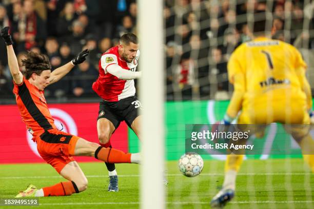 David Hancko of Feyenoord shoots the ball during the Dutch Eredivisie match between Feyenoord and FC Volendam at Stadion Feijenoord on December 7,...