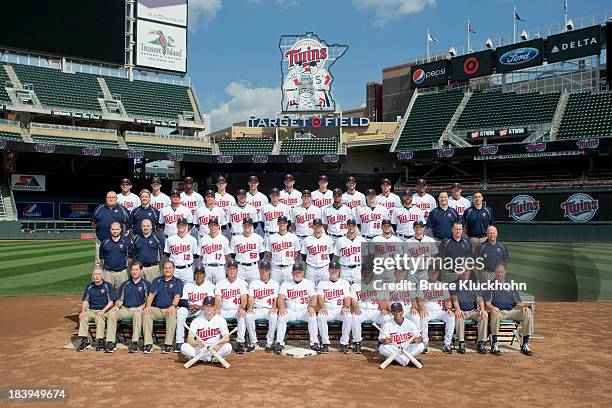 Members of the Minnesota Twins pose for the official 2013 team photograph before the game against the Chicago White Sox on August 16, 2013 at Target...