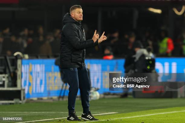 Headcoach Michael Dingsdag of FC Volendam coaches his players during the Dutch Eredivisie match between Feyenoord and FC Volendam at Stadion...