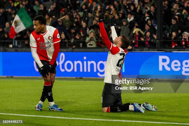 Santiago Gimenez of Feyenoord, Quinten Timber of Feyenoord celebrates after scoring the second goal of the team during the Dutch Eredivisie match...
