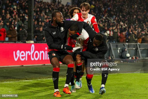 Lutsharel Geertruida of Feyenoord, Igor Paixao of Feyenoord, Yankuba Minteh of Feyenoord, Leo Sauer of Feyenoord celebrates after scoring the third...