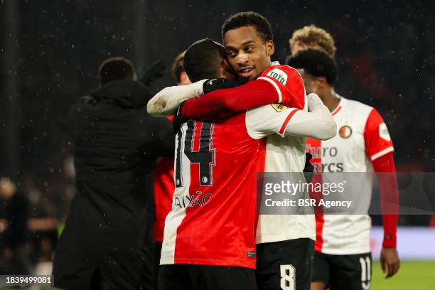 Igor Paixao of Feyenoord, Quinten Timber of Feyenoord celebrates after scoring the third goal of the team during the Dutch Eredivisie match between...