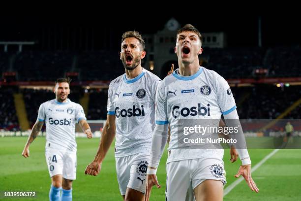 Valery of Girona FC celebrates a goal with 07 Stuani of Girona FC during the La Liga EA Sports Match match between FC Barcelona v Girona FC at Estadi...