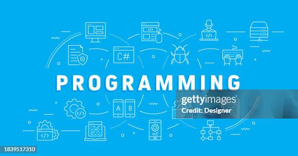 programming related line style banner design for web page, headline, brochure, annual report and book cover - software developer office stock illustrations