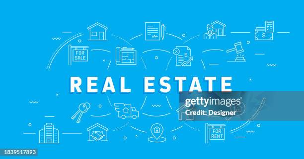 real estate related line style banner design for web page, headline, brochure, annual report and book cover - skyscraper builder stock illustrations