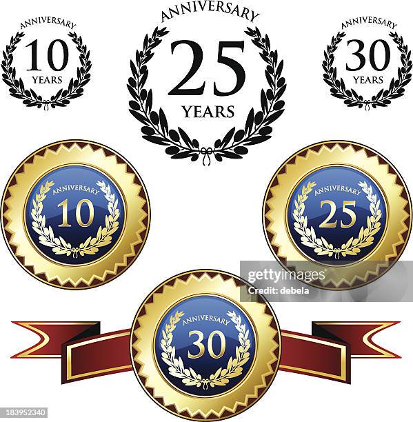 ilustraciones, imágenes clip art, dibujos animados e iconos de stock de aniversario medallas y juntas - 10° aniversario